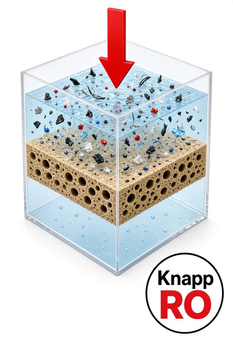 Diagram showing reverse osmosis removing microplastics from drinking water, KnappRO