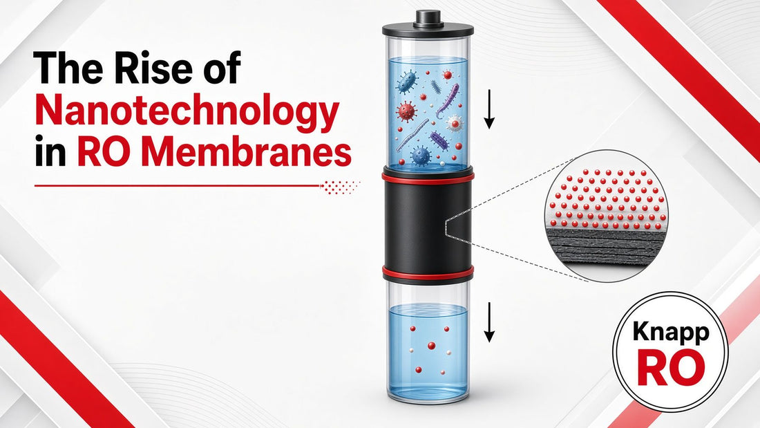Educational graphic showing how nanotechnology enhances RO membranes, with contaminated water passing through a membrane and a magnified view of nanoscale particles, KnappRO